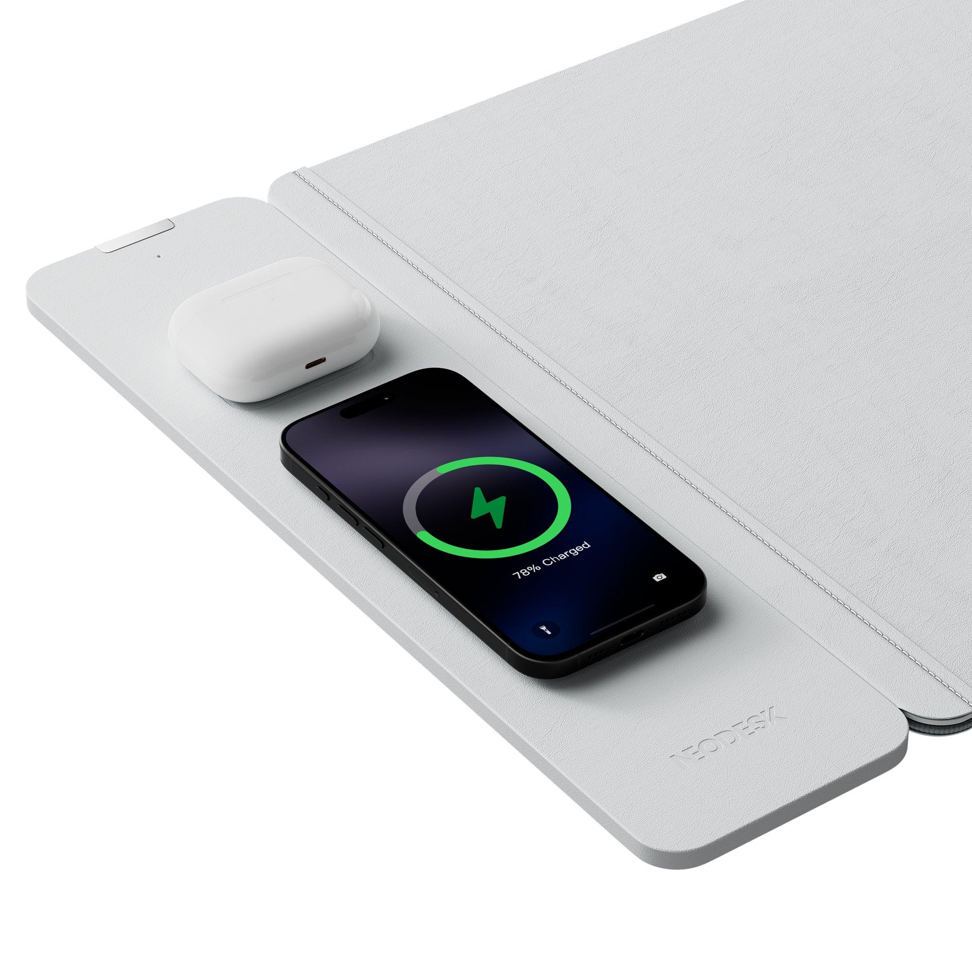 Close-Up of NeoDesk Light Grey Dual-Layer Leather Charging Desk Mat