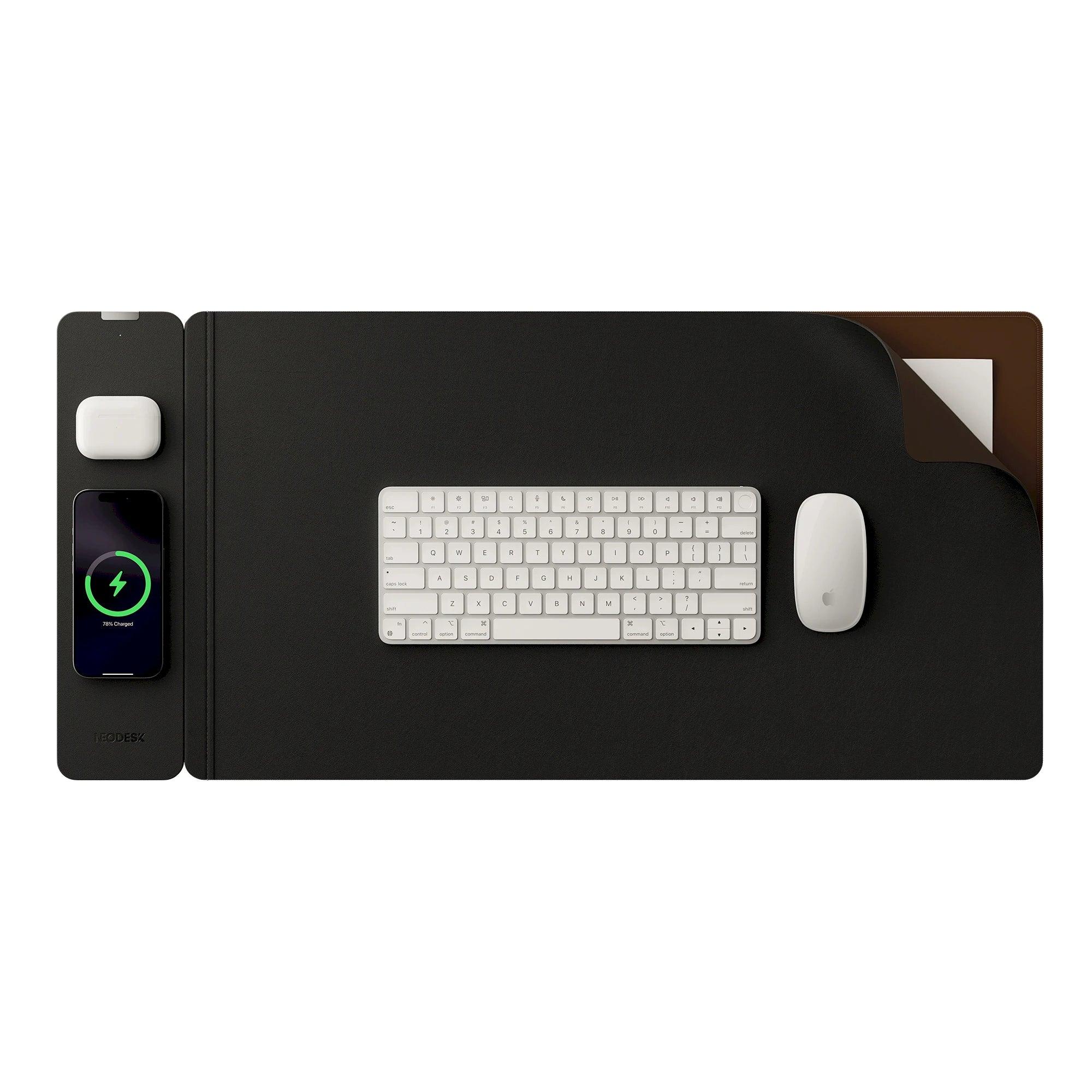 NeoDesk Midnight Black Leather Charging Desk Mat in Office Setup