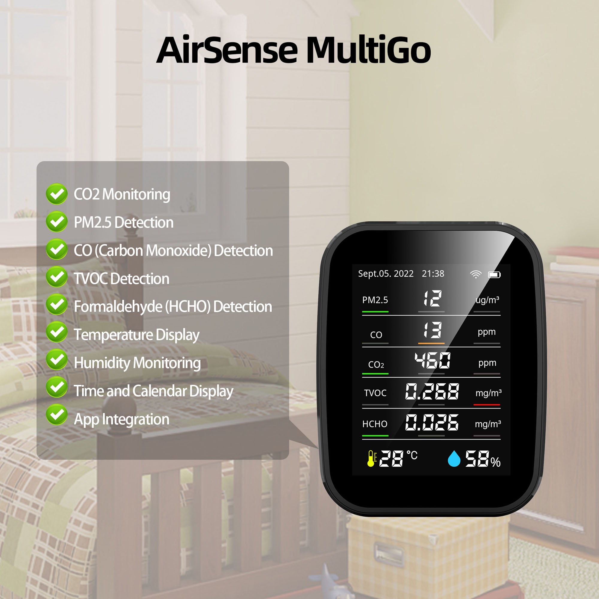 AirSense MultiGo air quality monitor showcasing features such as CO2 monitoring, PM2.5 detection, TVOC measurement, formaldehyde detection, temperature, humidity, and app integration. Perfect for bedrooms and other indoor spaces.