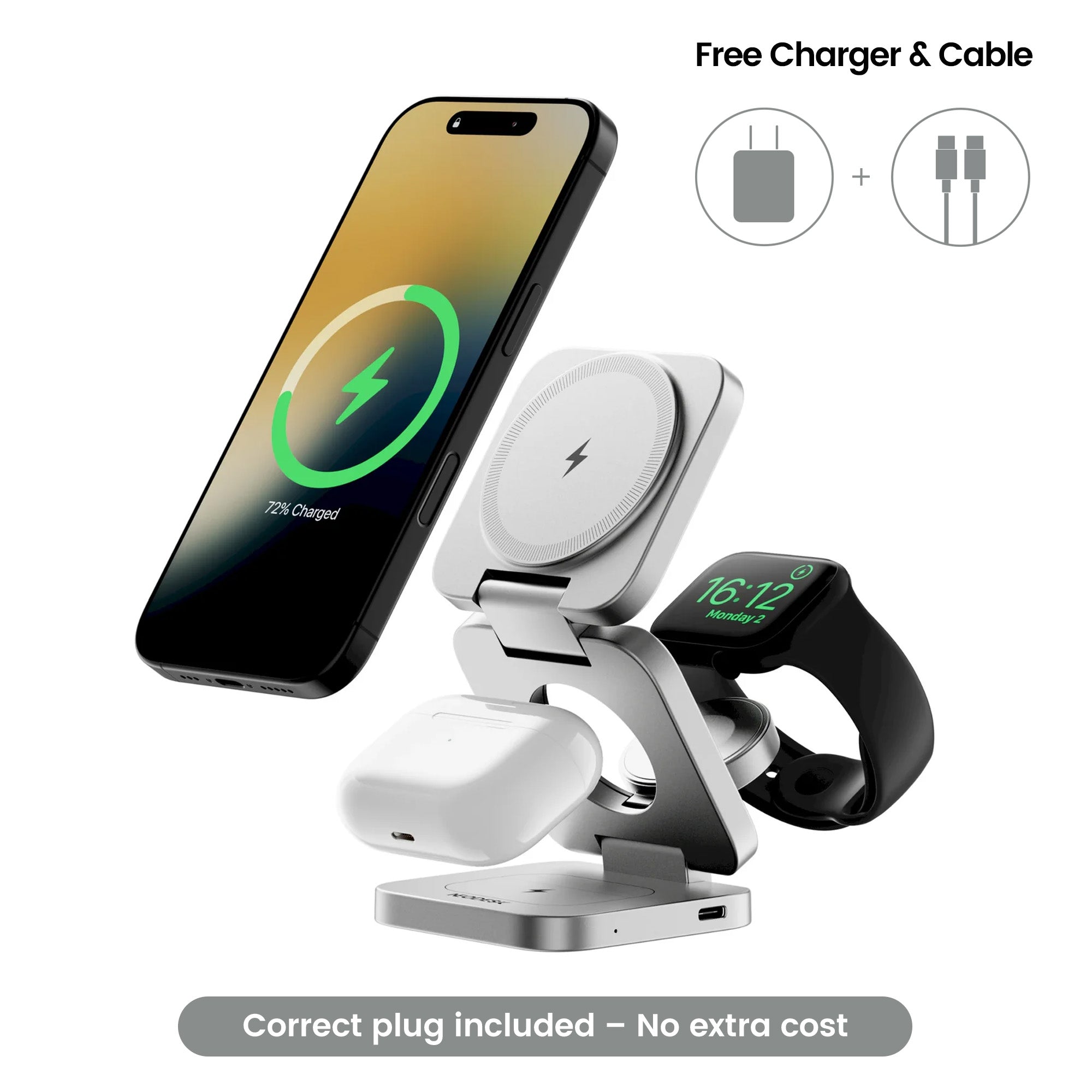 NeoDesk 3-in-1 wireless charger in Galactic Gray, designed for seamless device charging at home or work.