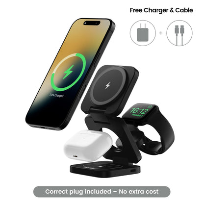 NeoDesk 3-in-1 wireless charger in Midnight Black, offering stylish and efficient charging for three devices.