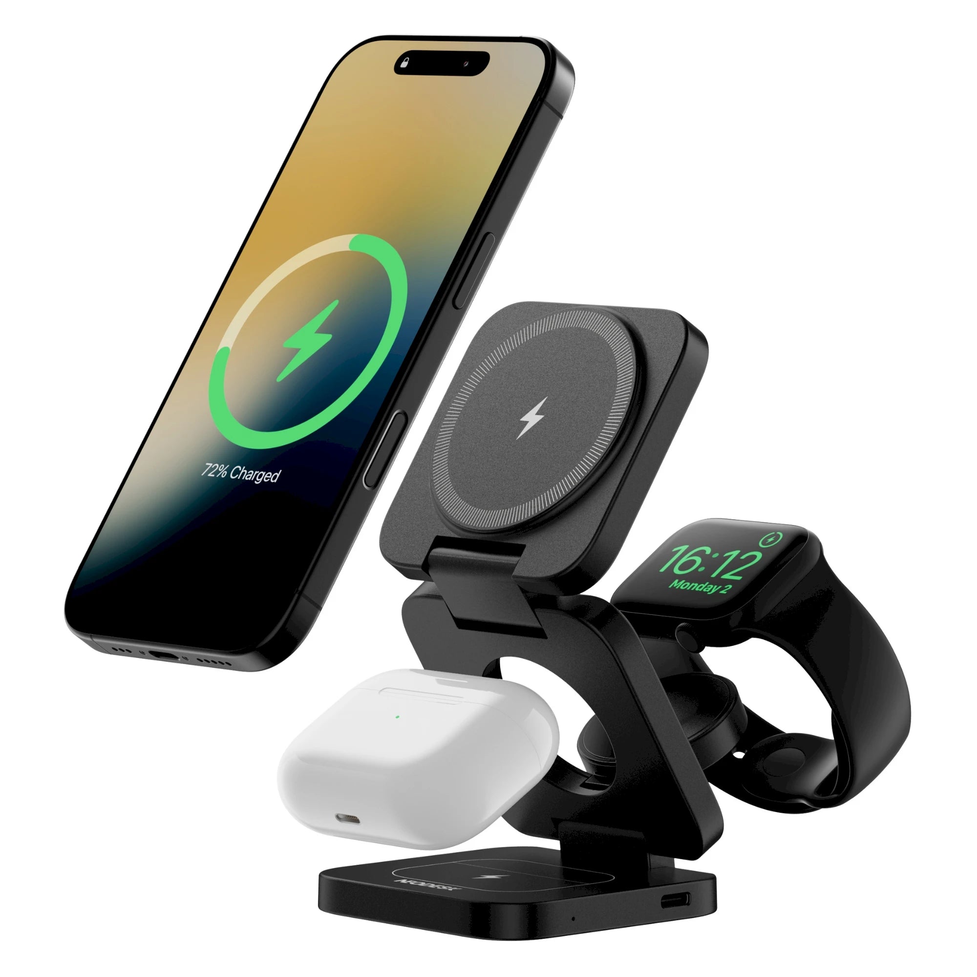 NeoDesk 3-in-1 wireless charger in Midnight Black, offering stylish and efficient charging for three devices.