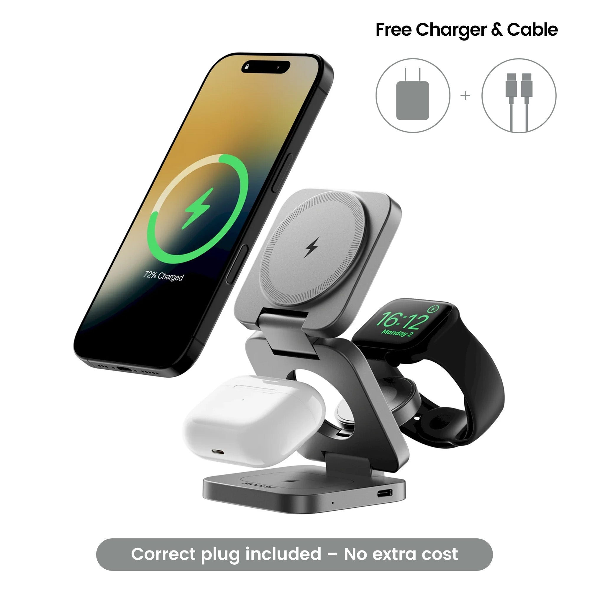 NeoDesk 3-in-1 wireless charger in Space Gray, charging iPhone, Apple Watch, and AirPods simultaneously.#color_space-gray