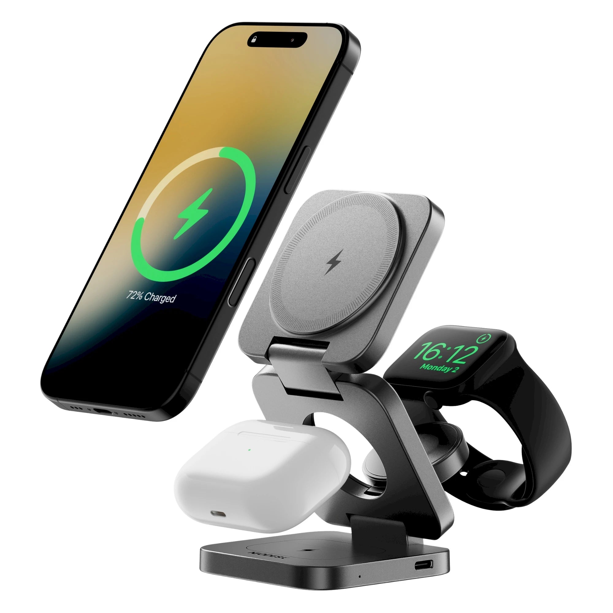 NeoDesk 3-in-1 wireless charger in Space Gray, charging iPhone, Apple Watch, and AirPods simultaneously.