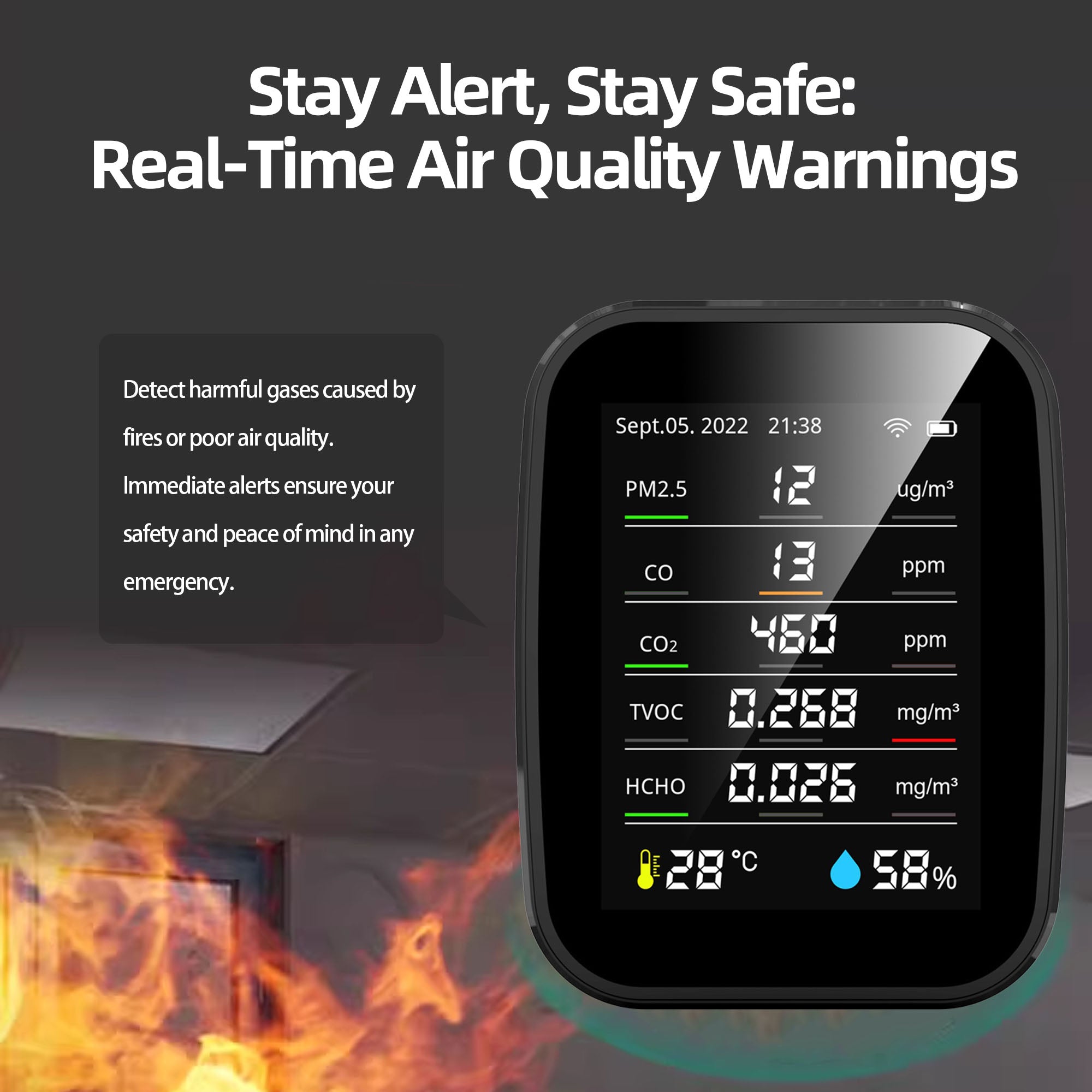 Air quality monitor with real-time fire and smoke alert, detecting harmful gases like CO and PM2.5 for emergency safety.