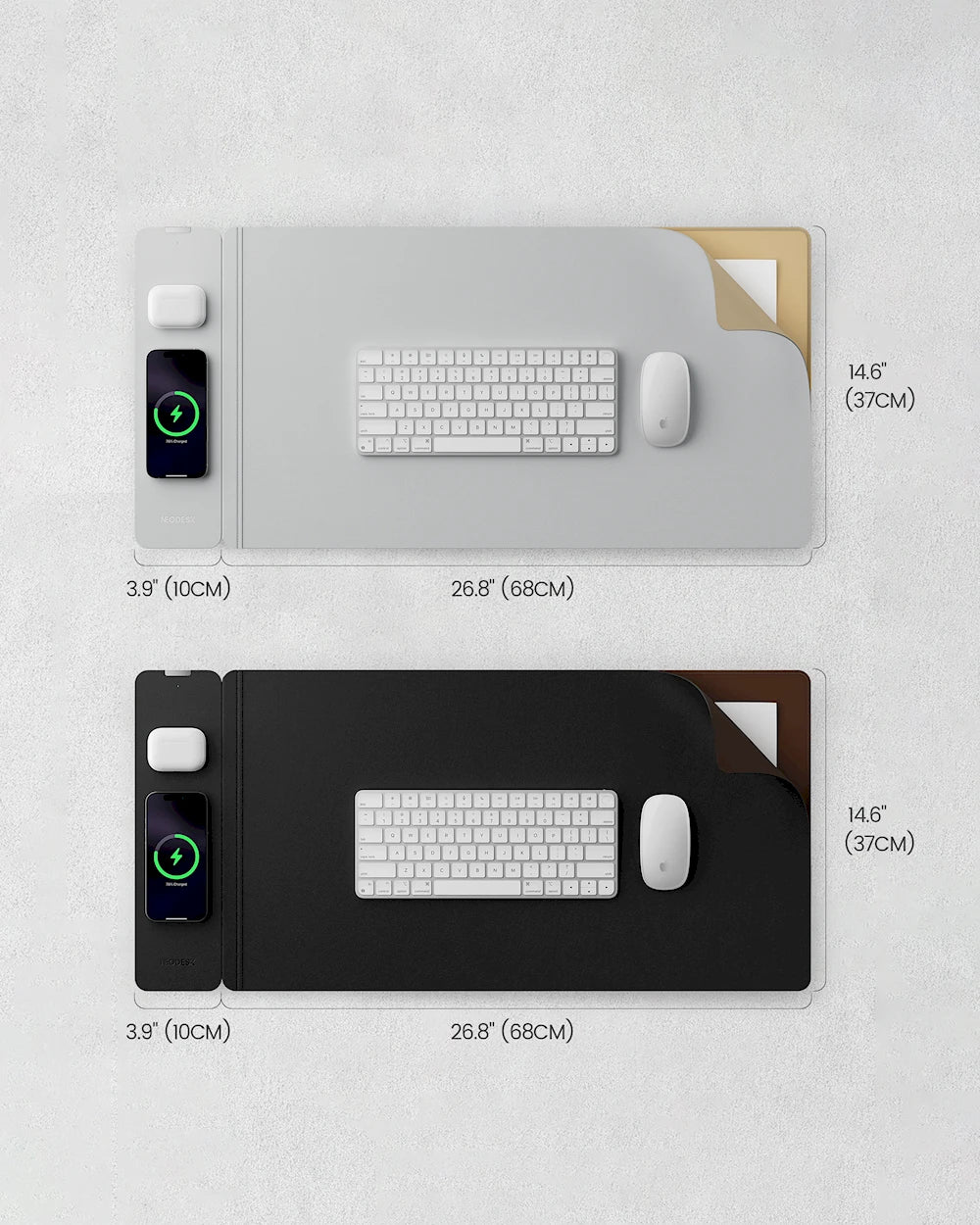 NeoDesk dual-color charging desk mat showcasing Arctic Gray and Jet Black options with precise dimensions for a perfect workspace fit.