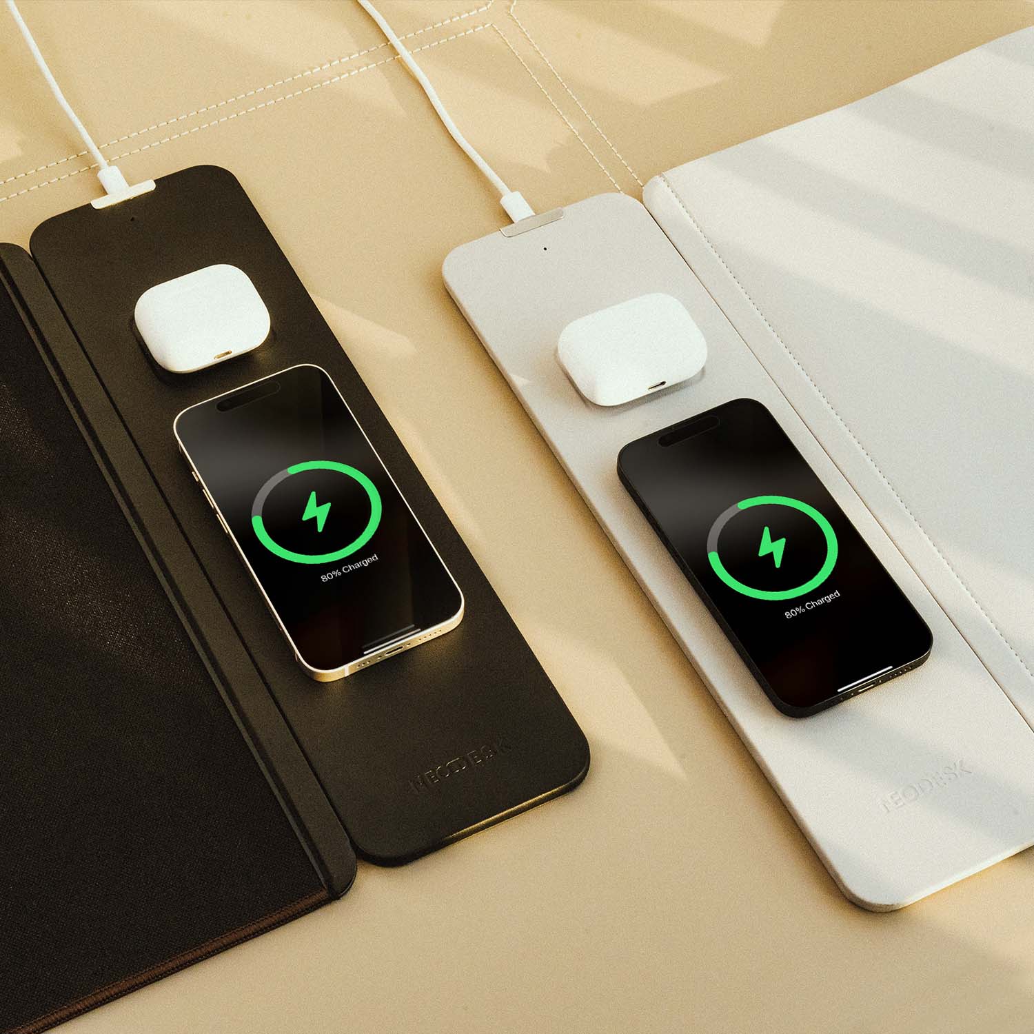 NeoDesk dual-side magnetic wireless charging desk mat for left or right setup, perfect for an organized and flexible workspace.