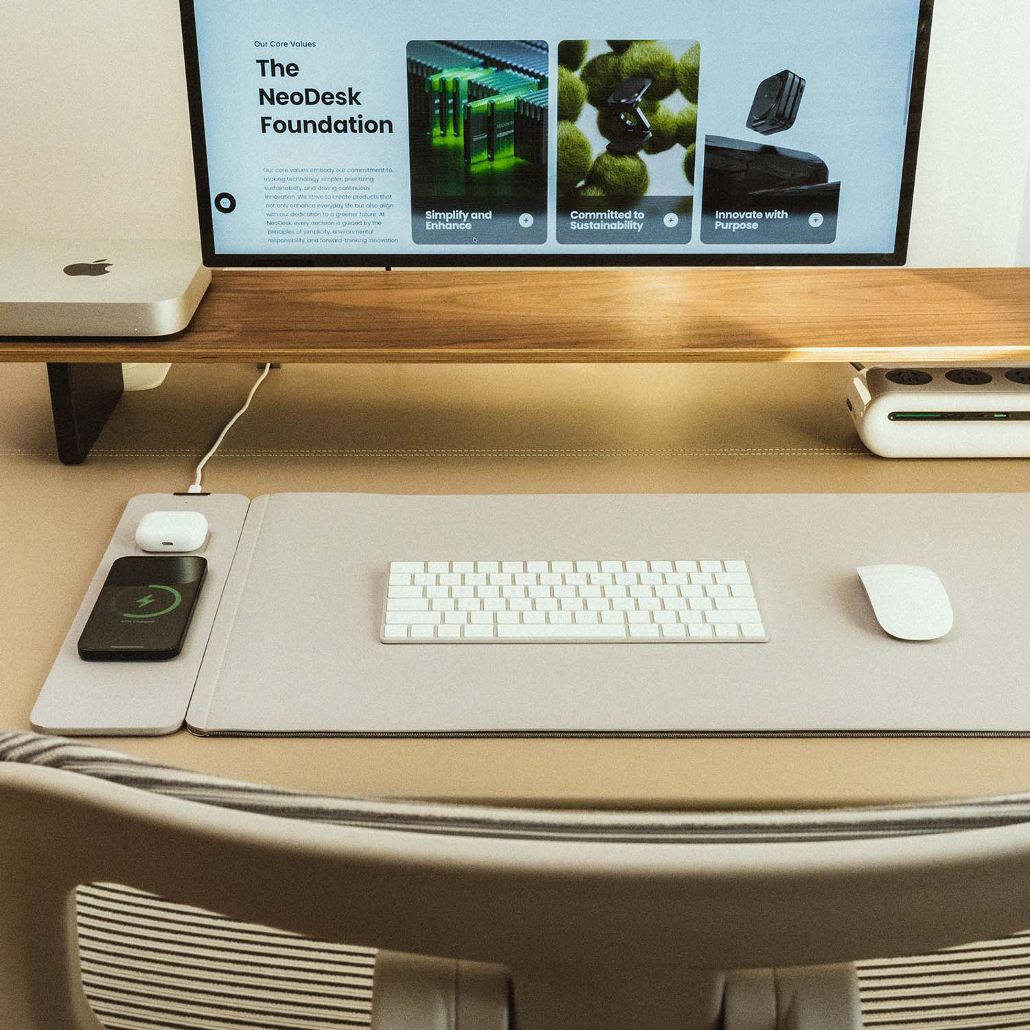 NeoDesk wireless charging desk mat on a home workspace setup with phone, earbuds, and keyboard for a tidy and productive environment.