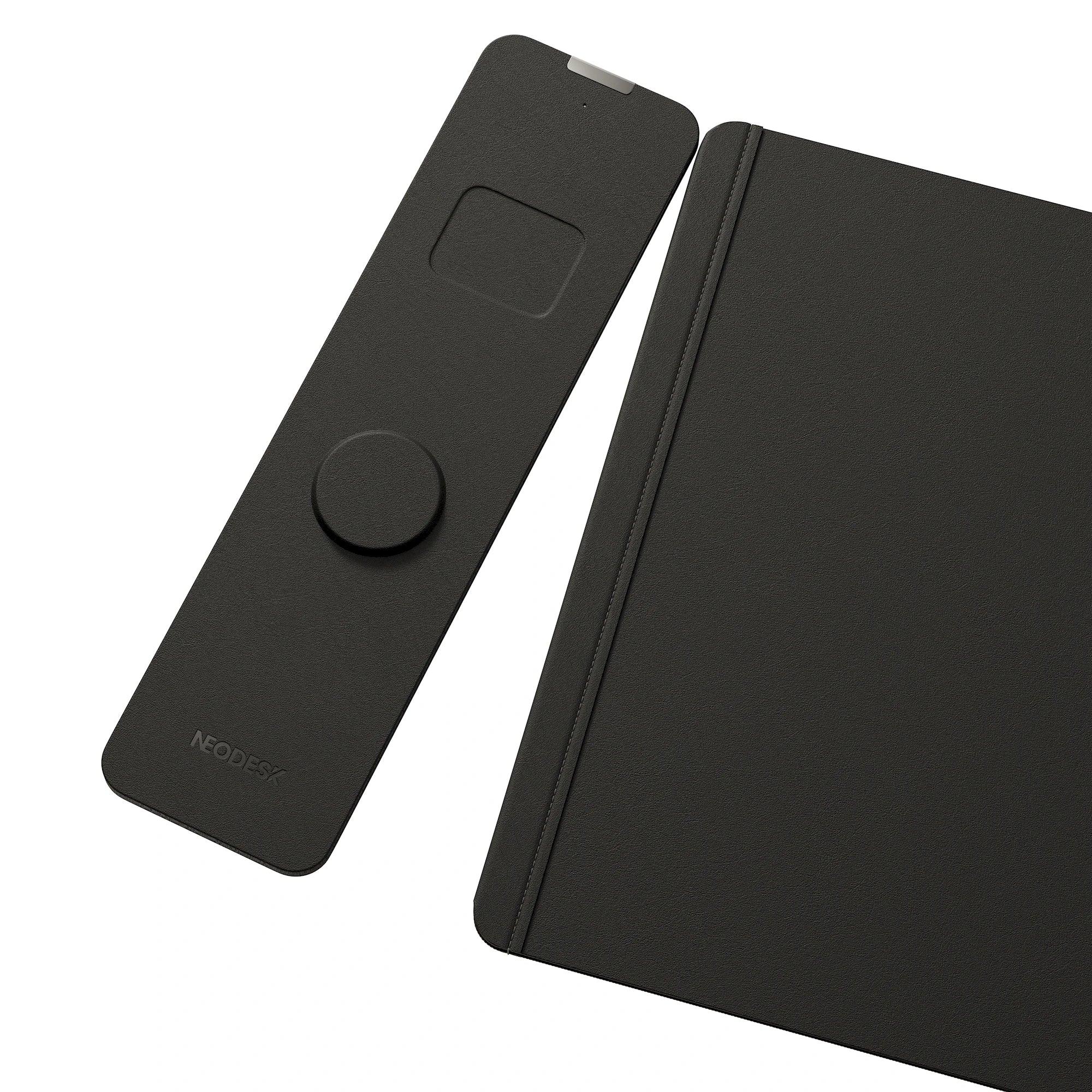 Close-up of NeoDesk Midnight Black Wireless Charging Pad and Desk Mat with Magnetic Detachable Design