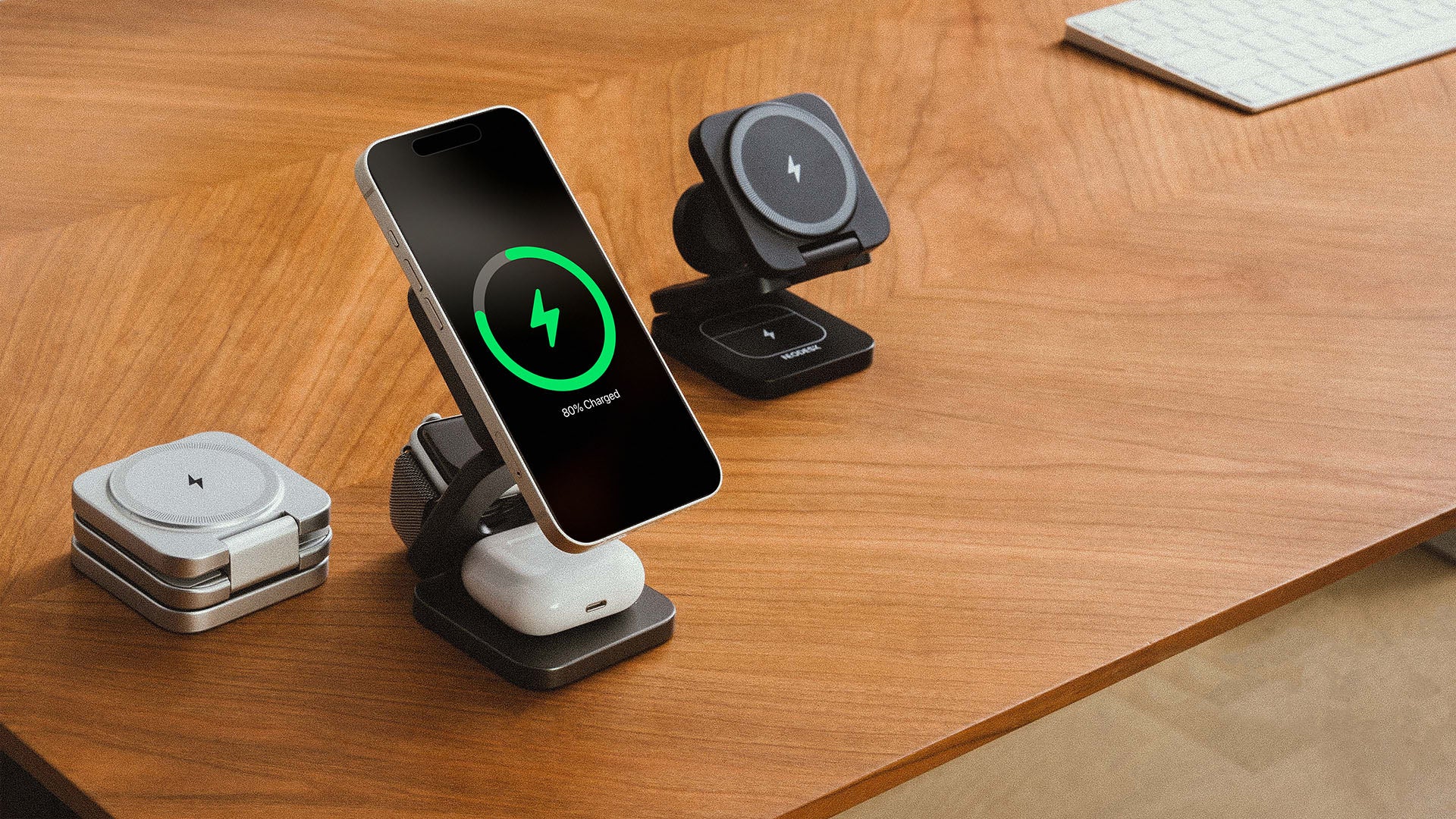 NeoDesk Portable 3-in-1 Wireless Charger displayed prominently with MagSafe compatibility for iPhone, Apple Watch, and AirPods charging.