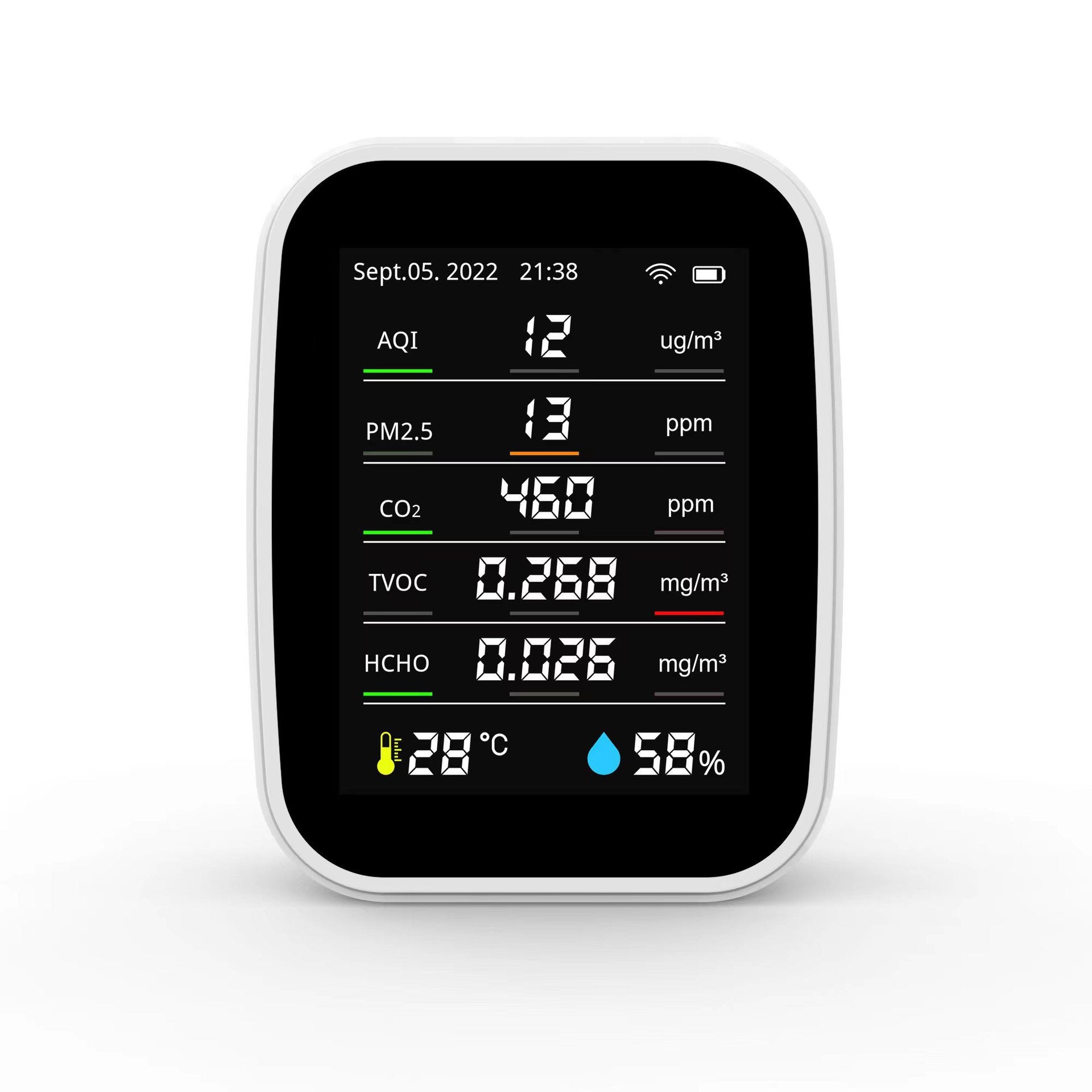 Portable air quality monitor with real-time display of PM2.5, CO2, TVOC, HCHO, temperature, and humidity. Ideal for home, office, and car environments.