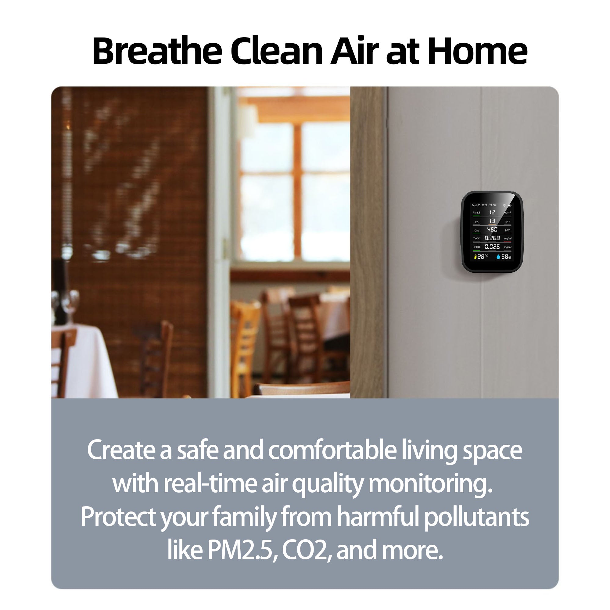 Portable air quality monitor placed at home to detect harmful gases like PM2.5 and CO2. Ideal for keeping indoor air safe and fresh.