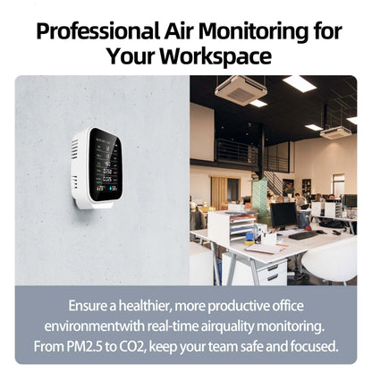 Portable air quality detector in an office setting to monitor CO2, PM2.5, and other harmful gases for a productive work environment.