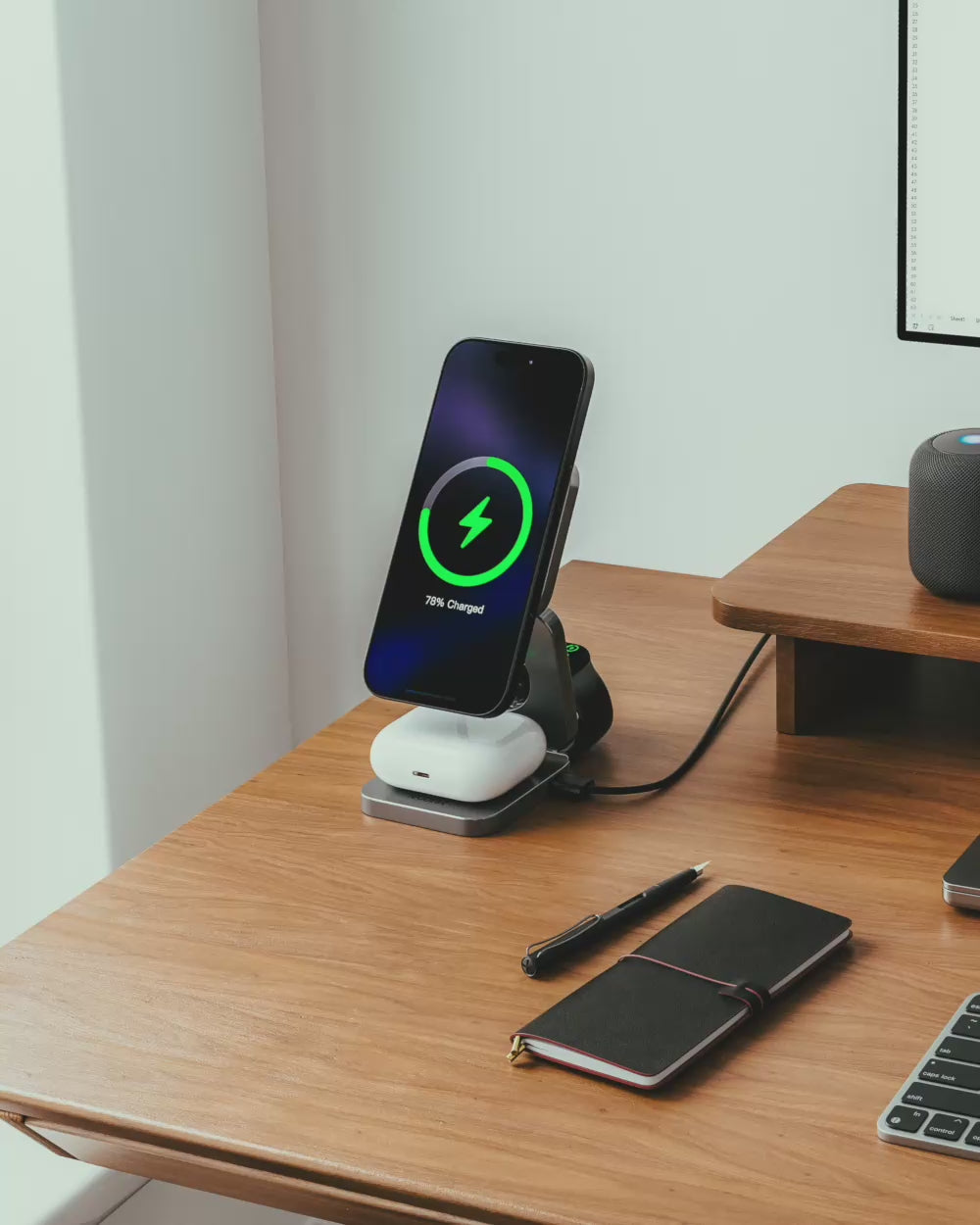 Load video: NeoDesk Portable 3-in-1 Wireless Charger simplifies your workspace, reducing cable clutter to a single charging solution.