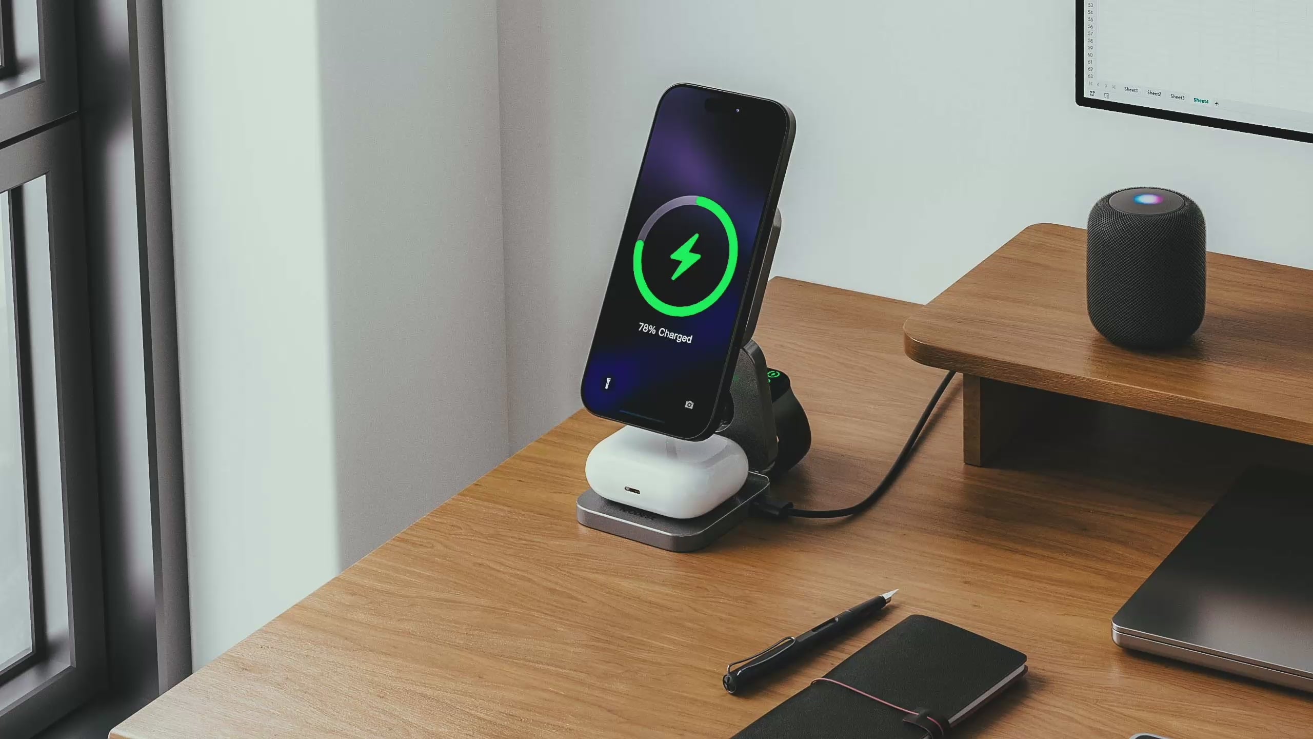 Load video: Transform a cluttered desk with tangled cables into a clean, organized space using NeoDesk’s Portable 3-in-1 Wireless Charger.