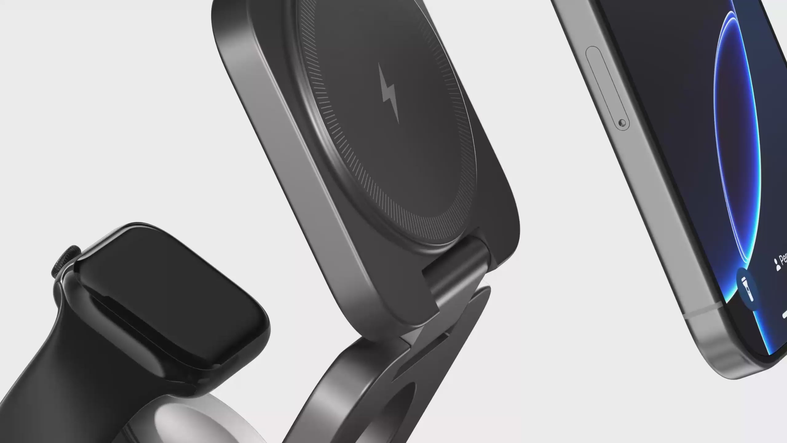 Load video: NeoDesk Portable 3-in-1 Wireless Charger animation showcasing seamless charging for iPhone, Apple Watch, and AirPods.