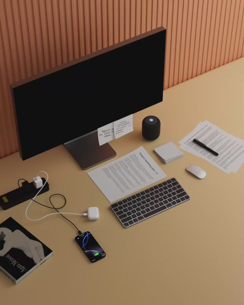 NeoDesk leather desk mat shown in a clutter-free workspace setup, emphasizing its minimalist design and functionality for mobile users.