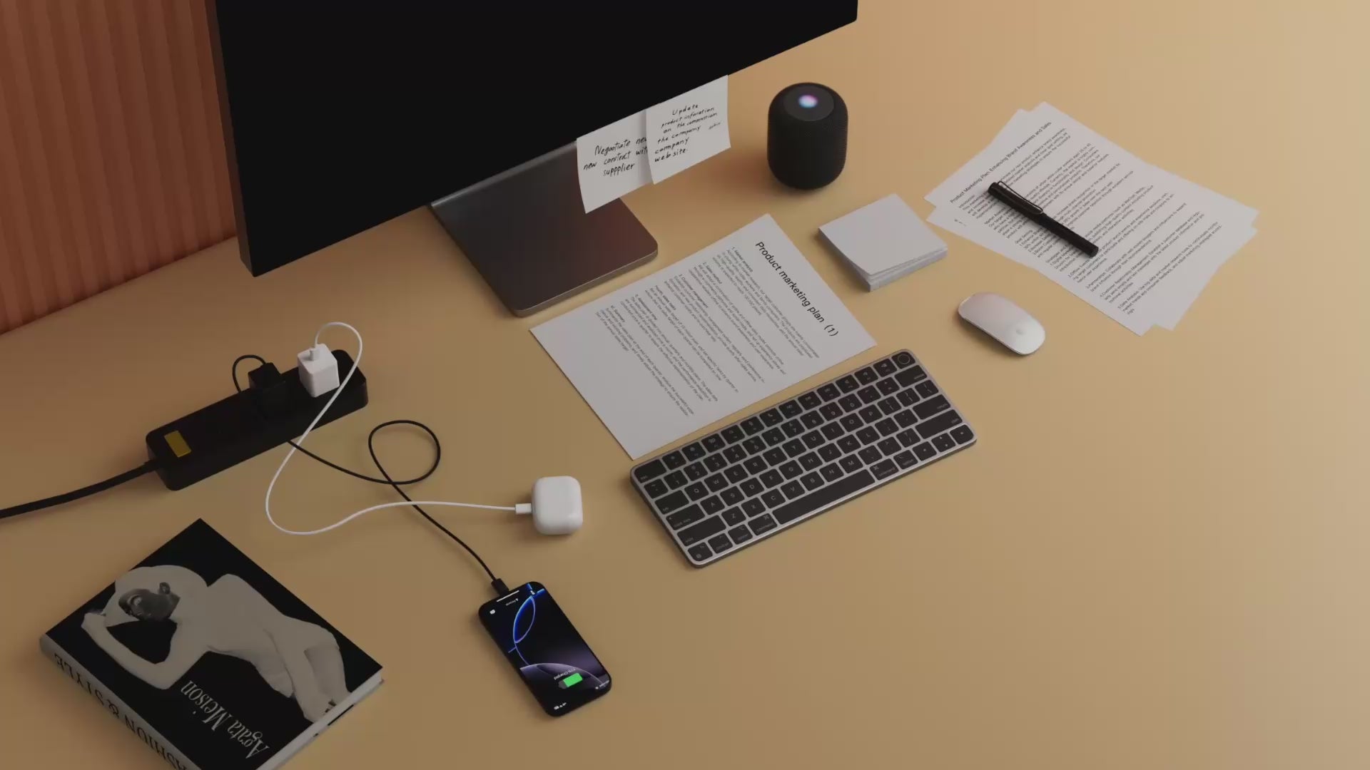 Load video: NeoDesk leather desk mat shown in a clutter-free workspace setup, emphasizing its minimalist design and functionality for mobile users.